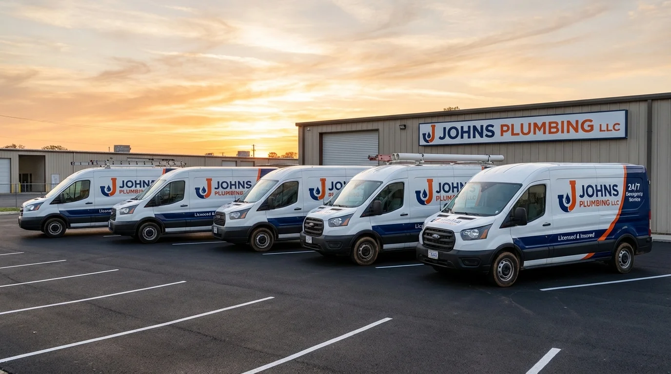 Johns Plumbing LLC fleet of service vans ready for dispatch across Texas